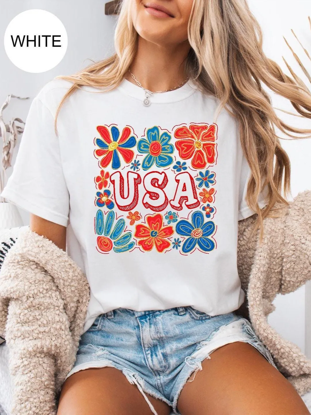 Floral USA Patriotic Shirt: Comfort Colors® Cotton Tee (Soft-Washed, Unisex)
