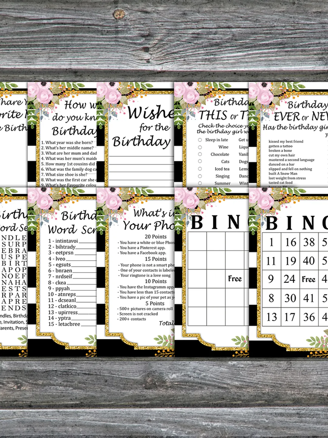 Black White Striped Birthday Party Games bundle,Adult birthday games package,Printable Birthday Games,INSTANT DOWNLOAD