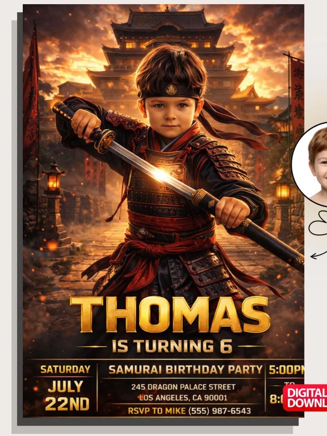 Samurai Birthday Invitation with Photo, Custom Ninja Party Invite (Digital Download)