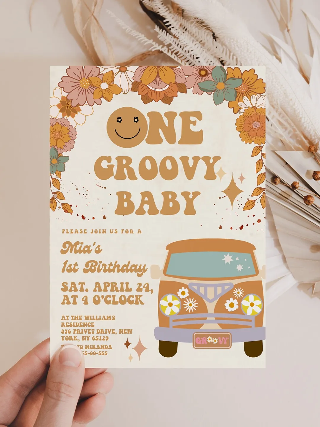 One Groovy Baby Editable Any Age Pink Groovy Van Daisy Rainbow Hippie Birthday Invitation Let's get Groovy 1st Birthday Invitation ; gr3