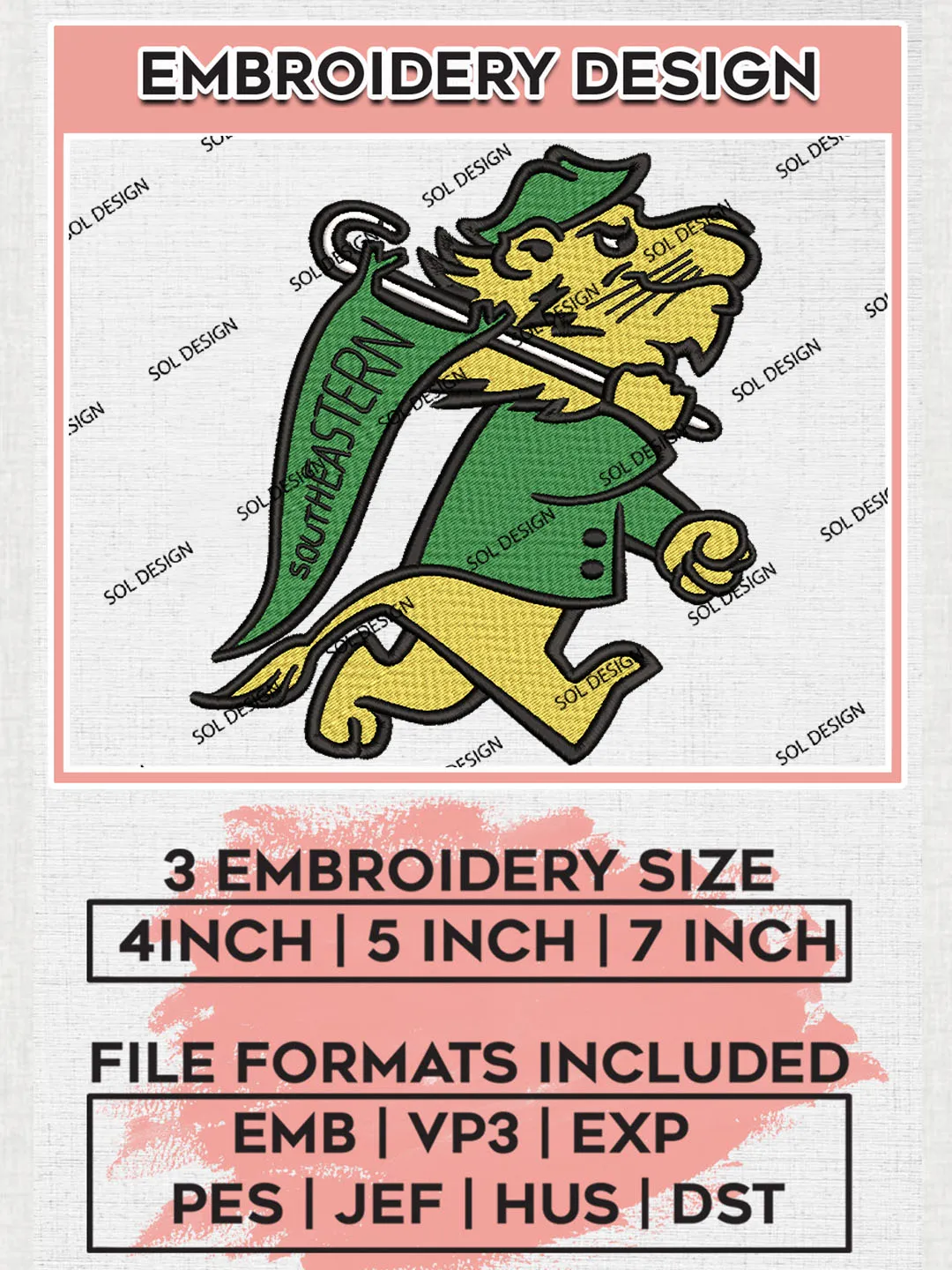 NCAA SE Louisiana Lions Team Mascot Logo Embroidery Design Files, NCAA SE Louisiana Lions Machine Embroidery, NCAA Teams, Game Day, 3 sizes, NCAA Machine embroidery designs, Digital Download