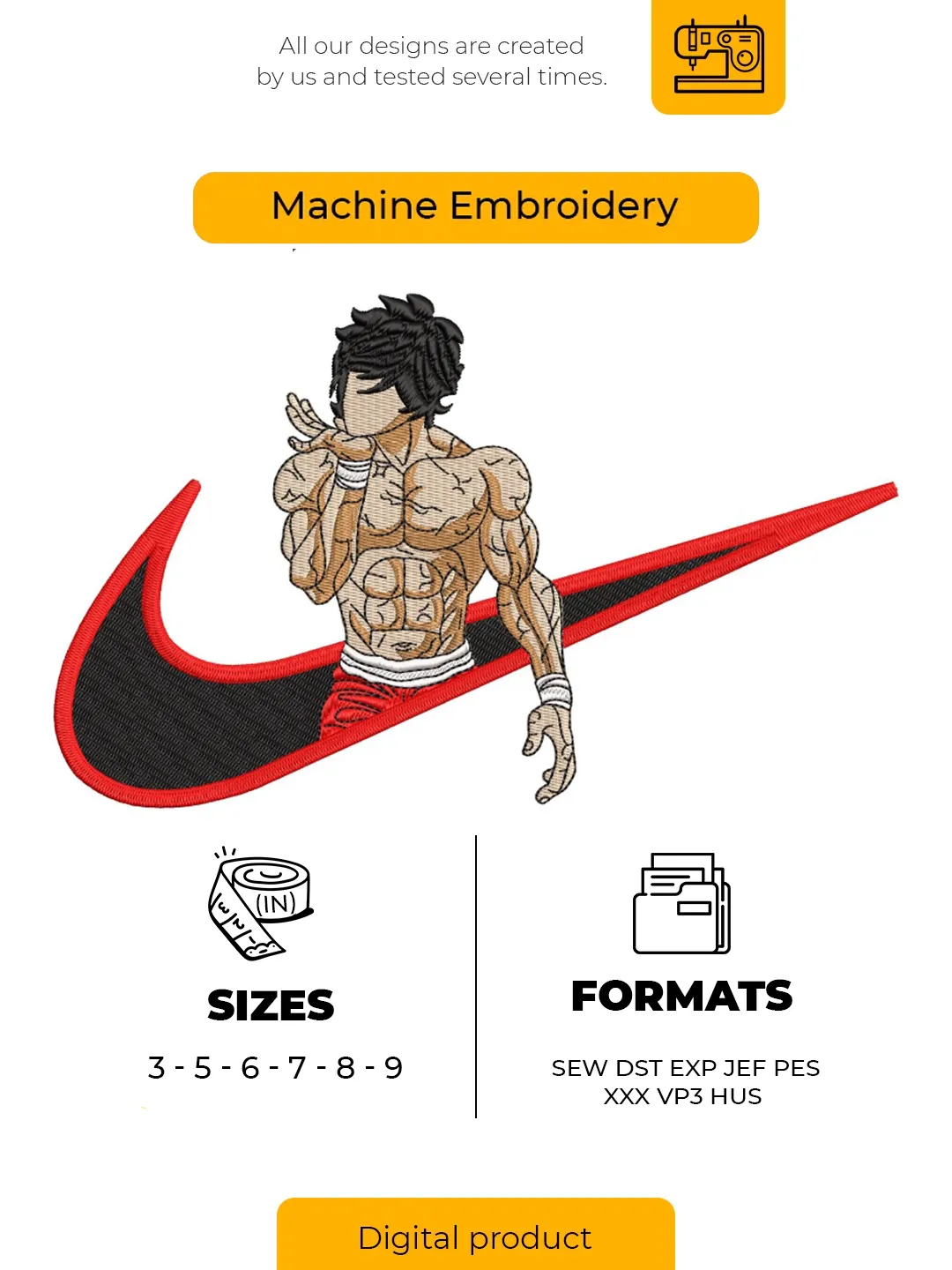 Muscular Anime Fighter Sport Logo Embroidery Design – Martial Arts Warrior Machine Embroidery File