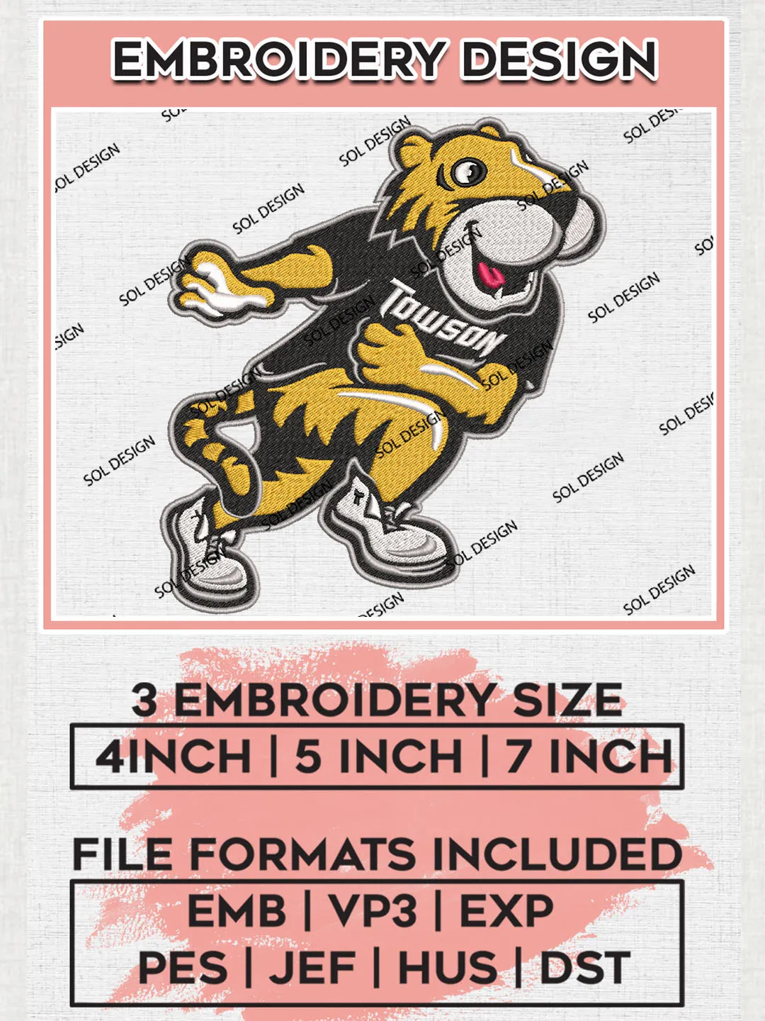 NCAA Towson Tigers Football Team Mascot Logo Embroidery Design Files, NCAA Towson Tigers Machine Embroidery, NCAA Teams, Game Day, 3 sizes, NCAA Machine embroidery designs, Digital Download