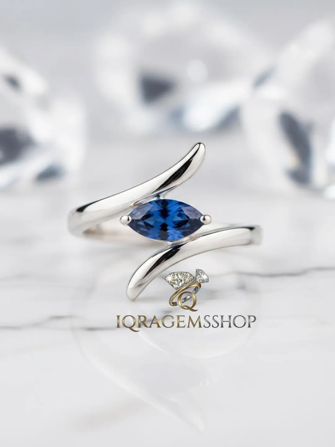925 Sterling Silver Blue Sapphire Ring Marquise Cut Open Band