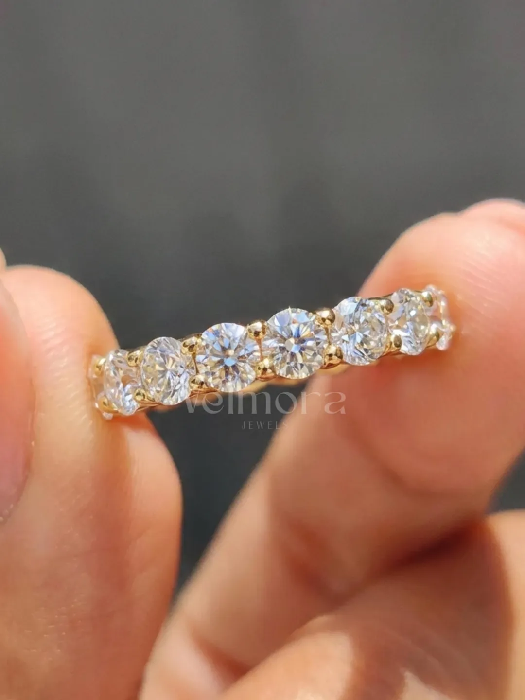 Moissanite Eternity Band, Round Cut Shared Prong Setting Ring, Yellow Gold Anniversary Gift