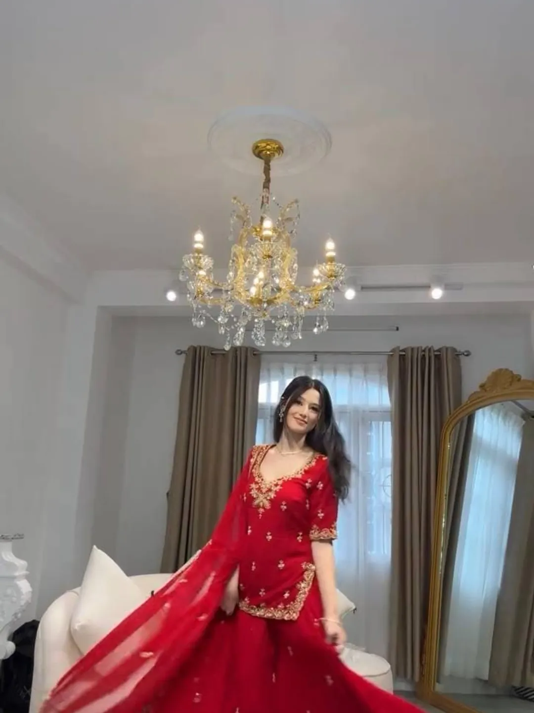 formal & gown reception dress for women indian Red Embroidered Anarkali Wedding Party Wear Bridal Festive Ethnic Outfit YELLOW-POLKA-DOT