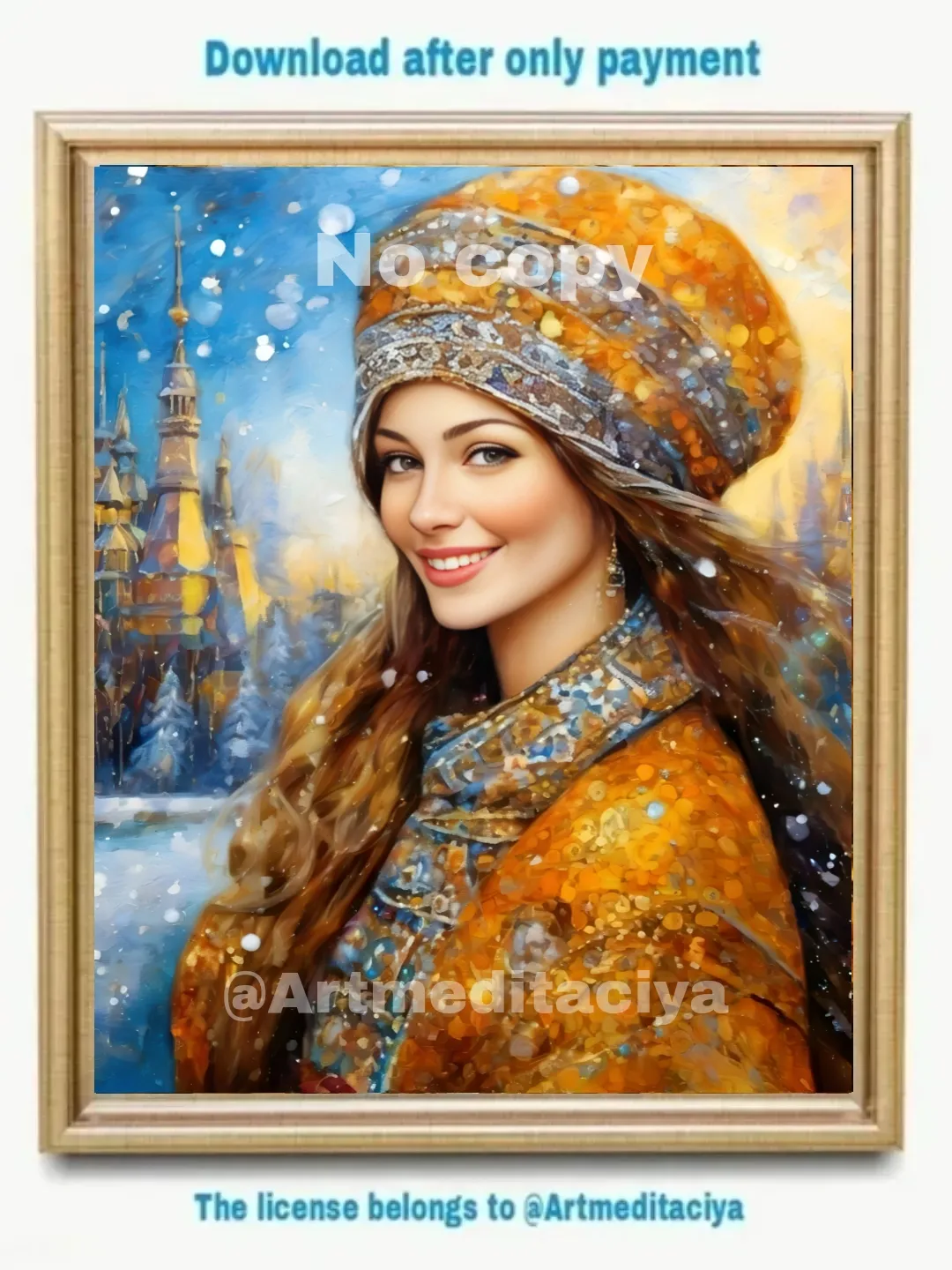 Digital abstract texture painting "Russian Winter", a gray-eyed blonde in a yellow-gray-blue winter ethno outfit on an abstract winter background of an ancient urban landscape, made in the style of oil painting