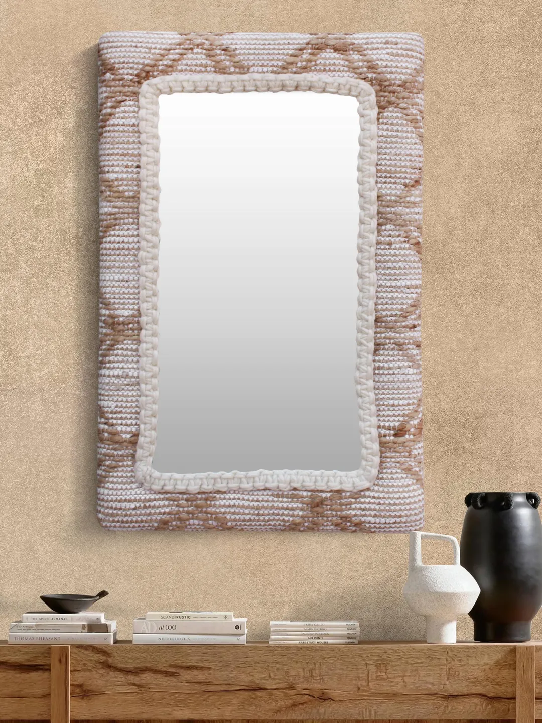 Handwoven Jute & Wool Wall Mirror: Boho Rustic Home Decor