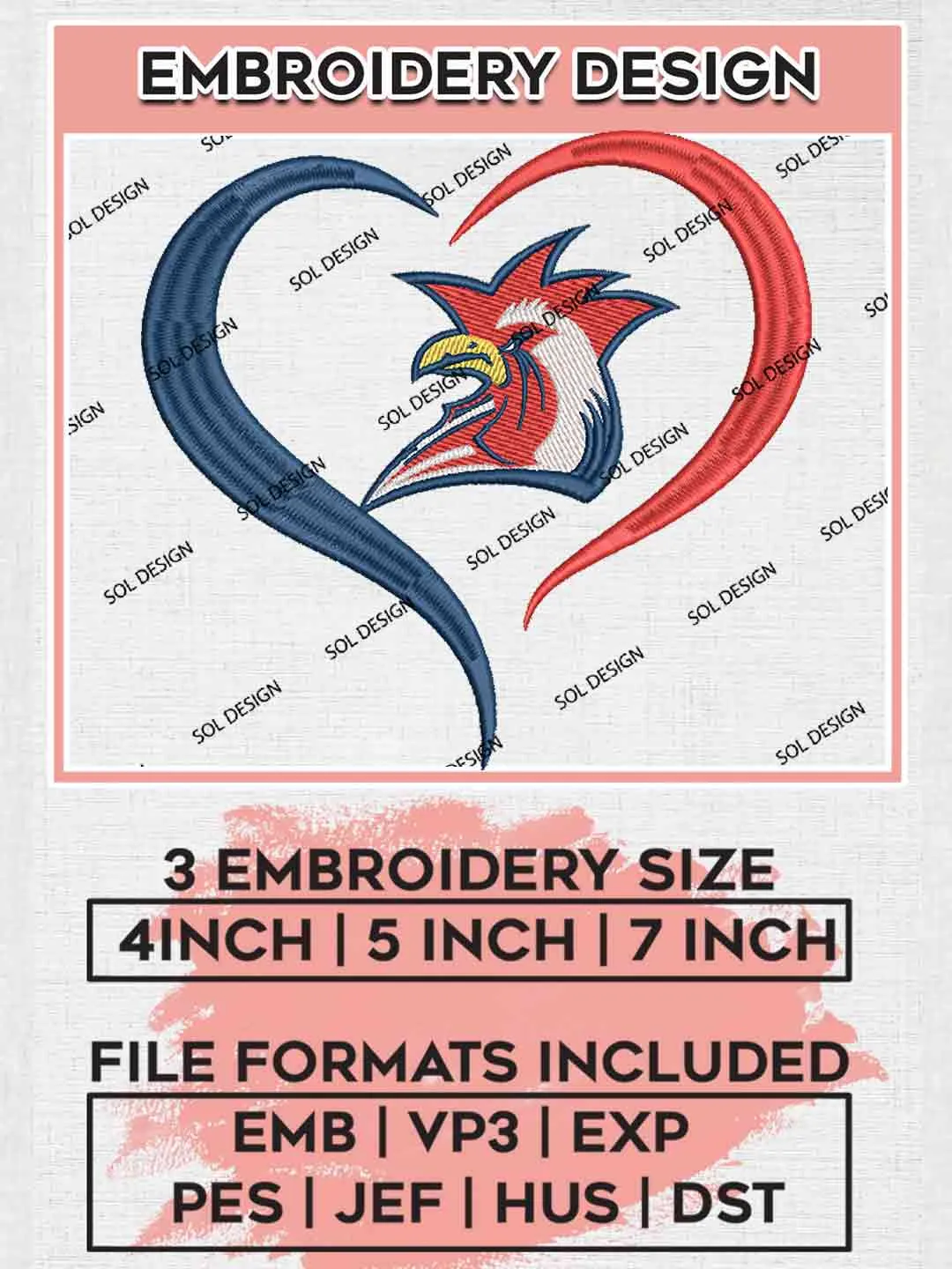 NRL Sydney Roosters Heart Embroidery Design, National Rugby League Embroidery Design, Sydney Roosters Logo Embroidery Design, NRL Machine Embroidery Digitized Pes File, 3 Sizes, Instant Download