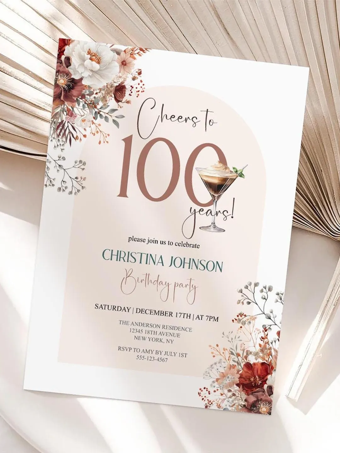 Editable 100th Birthday Invitation, Boho Women Birthday Invitation, Any Age Women Birthday Invite, Surprise Birthday invitation - i133