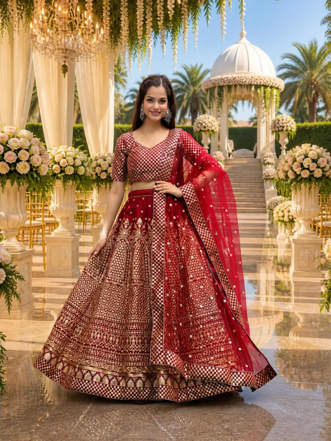 Maroon Raw Silk Ready To Wear Lehenga Choli: Zari Sequin Embroidery, Indian Wedding Wear