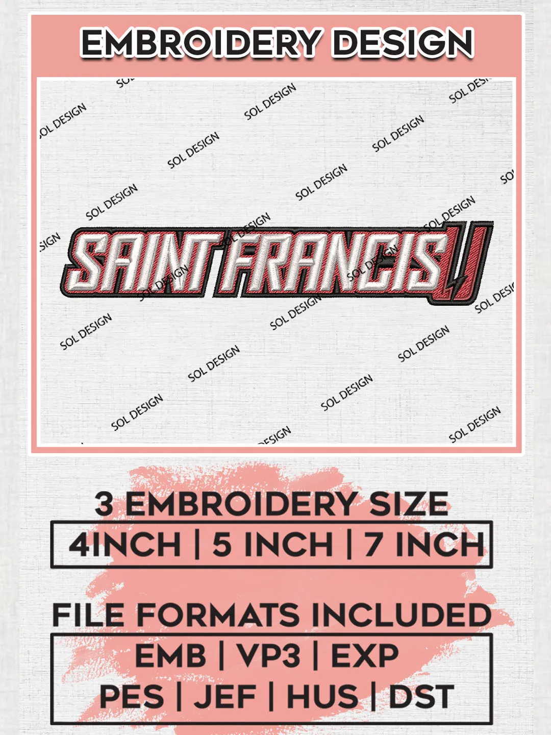 NCAA Saint Francis College Team Writing Logo Embroidery Design Files, NCAA St. Francis PA Red Flash Machine Embroidery, NCAA Teams, 3 sizes, NCAA Machine embroidery designs, Digital Download