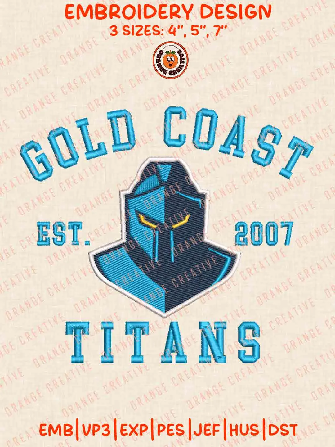 NRL Gold Coast Titans Est 2007 Team Logos Embroidery Design, NRL Logo Machine Embroidery Digitized Pes File, 4 Sizes, Custom Size, Instant Download