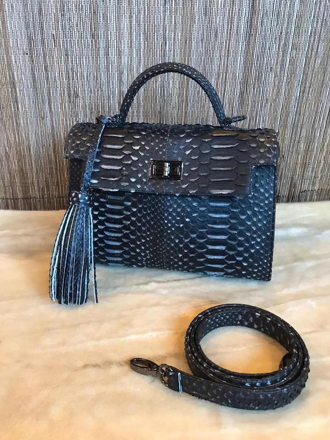 Top handle black w white classy genuine python skin bag | exotic ...