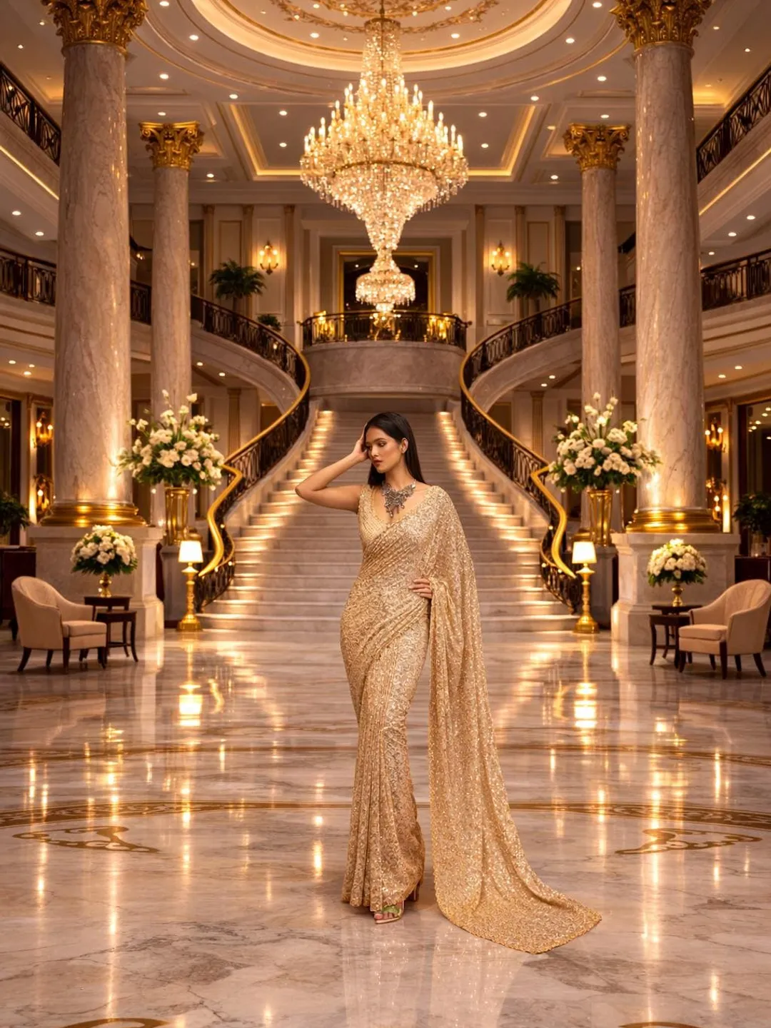 Ivory Sequin Saree: Georgette Embroidery, Ready to Wear