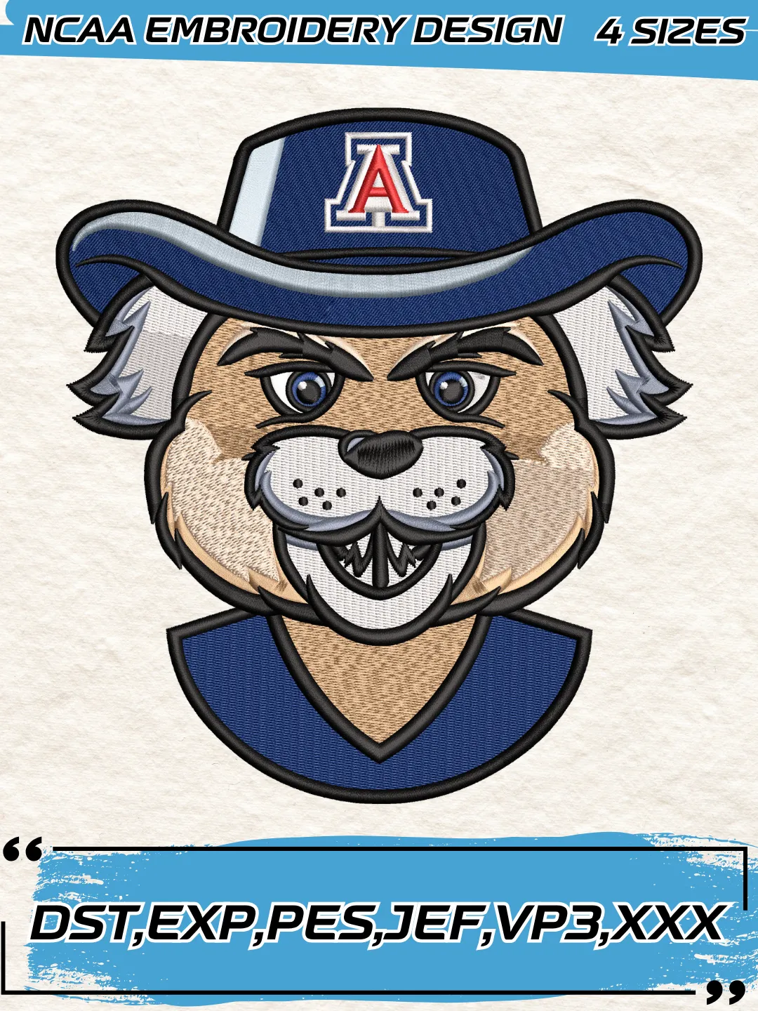 Arizona Wildcats Mascot Logo Embroidery Design,NCAA Logo Embroidery Design,Machine Embroidery Design File,4 Sizes, Digital Download