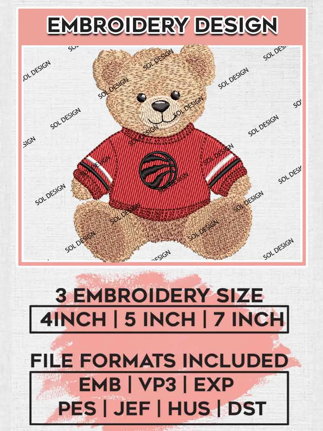 NBA Toronto Raptors Teddy Bear Embroidery Designs, Vintage Sports Bear Basketball Embroidery Design File, NBA Raptors Team, Cute Teddy Bear Embroidery, NBA Toronto Raptors
