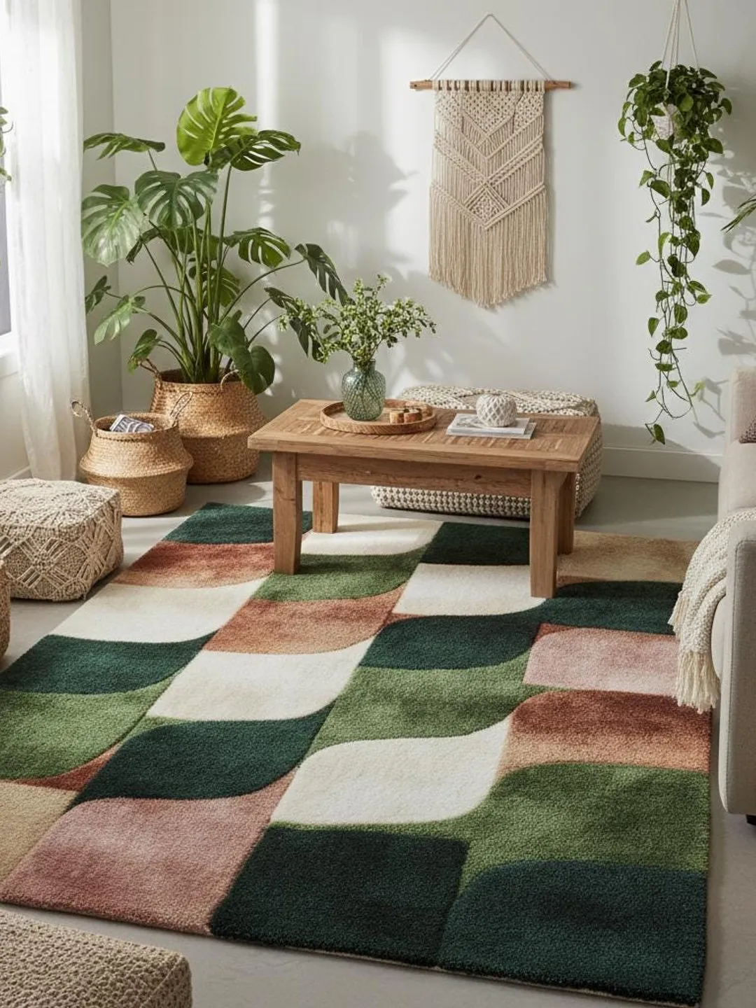 Green/blue Rust Rug Geometric Wool Area Rug | Green Rust Wavy Checkerboard Design