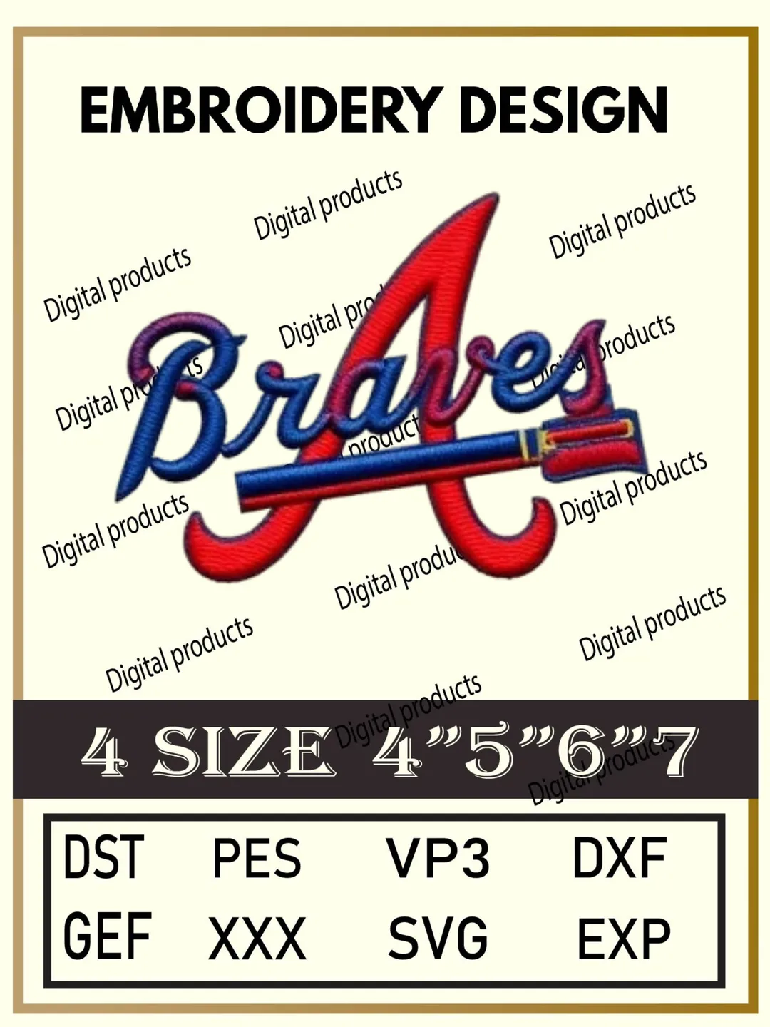 Braves Embroidery Design Digital Logo Pattern with Stylized Script, Red A, and Tomahawk Graphic for Machine Embroidery Projects in Four Sizes with Multiple Compatible Formats Including DST, PES, VP3, DXF, GEF, XXX, SVG, EXP