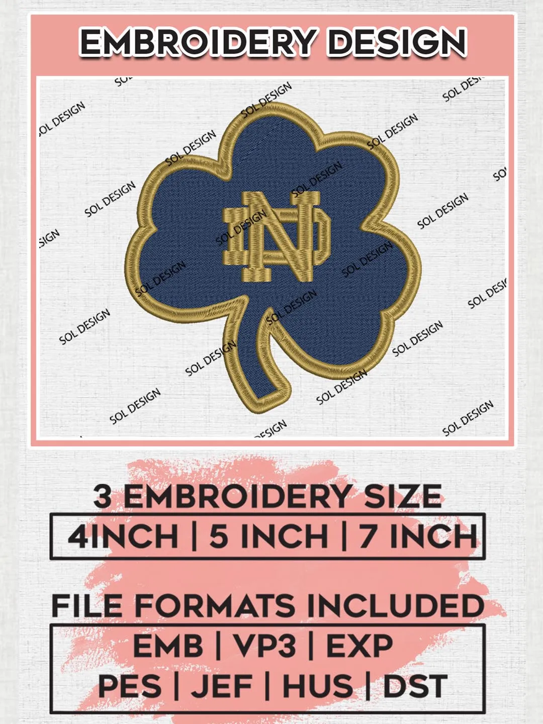 NCAA Notre Dame Fighting Irish Team Logo Machine Embroidery Design, NCAA Notre Dame Team Design Design files, NCAA Team Embroidery Designs, NCAA Machine Embroidery Designs, Digital Download