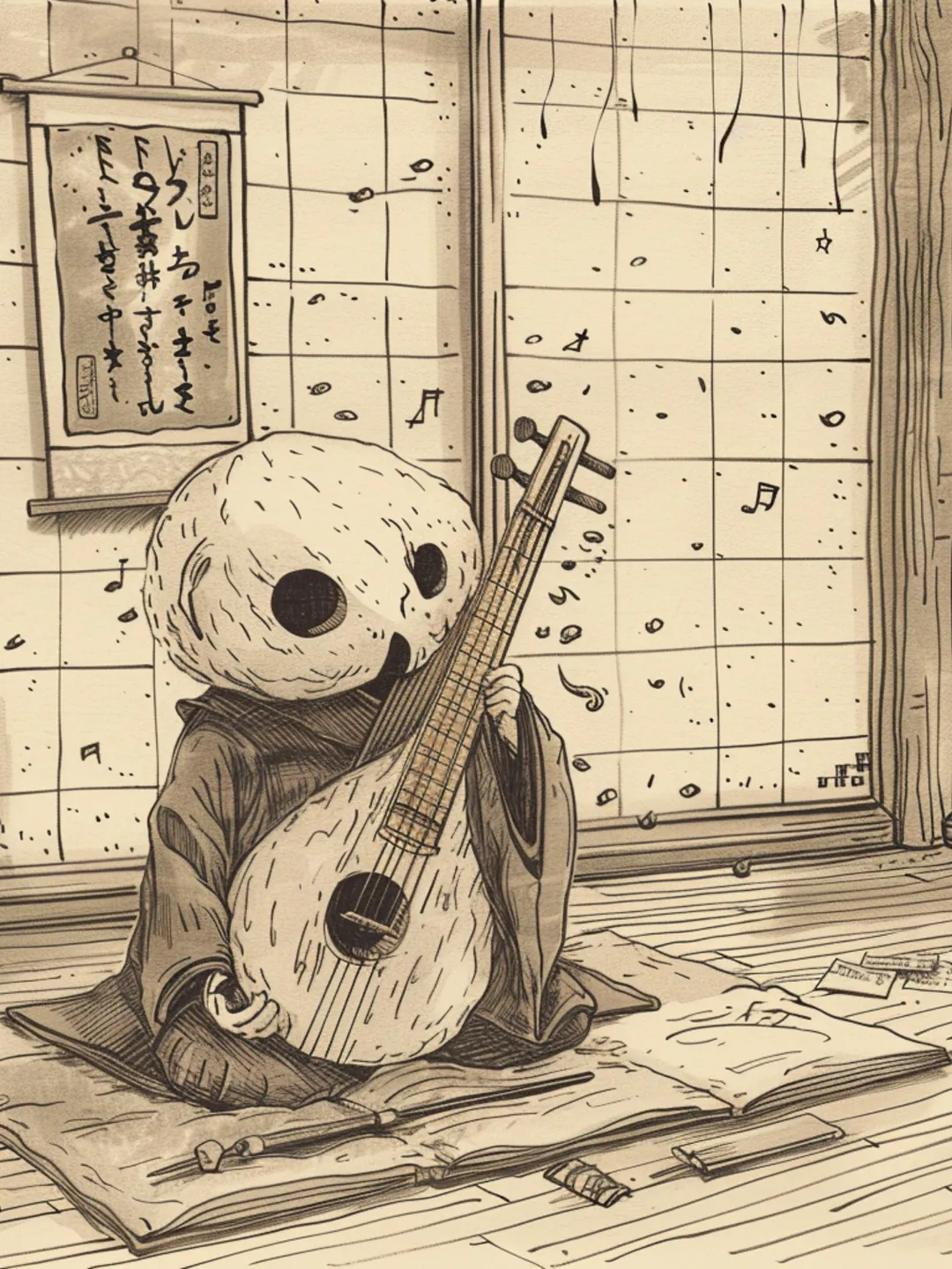 SIX Traditional Japanese Musician Art, Digital Download, Moon Head
