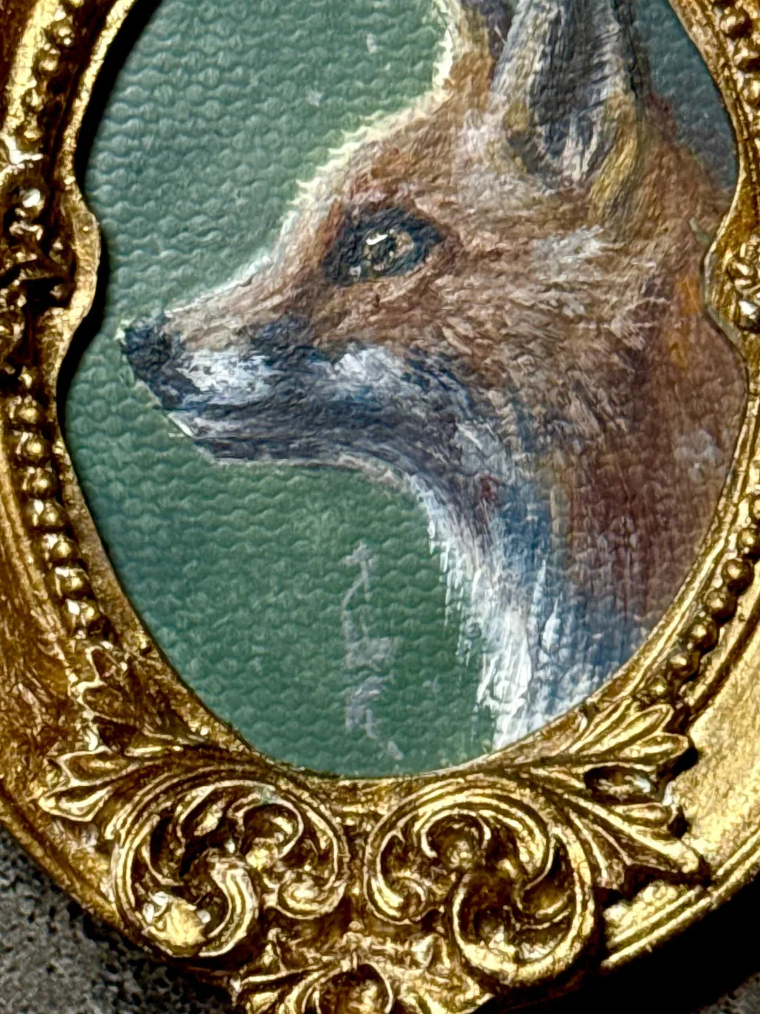 Framed Fox Oil Painting: Original Wild Animal Art Gold Oval Frame