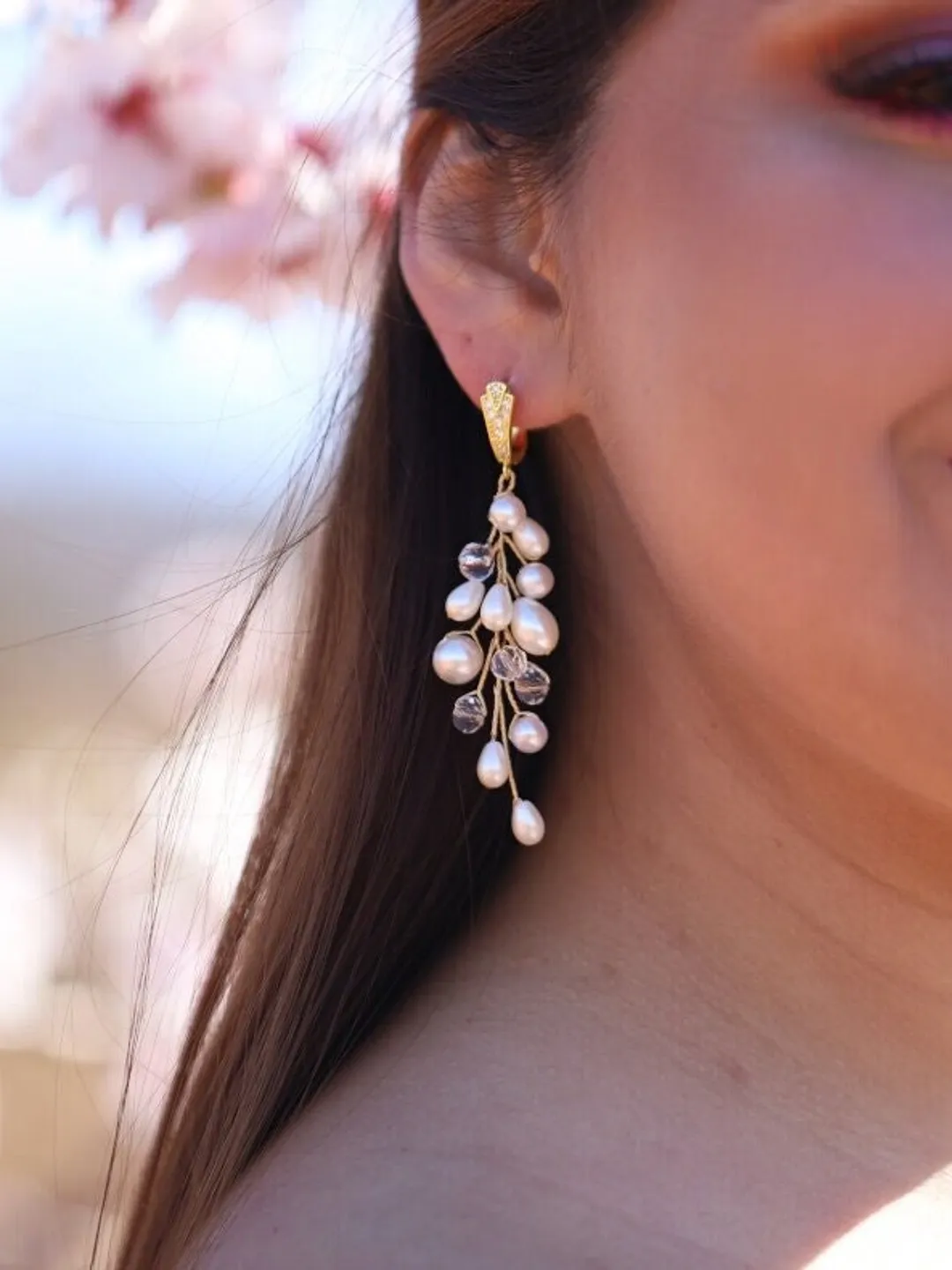 Boho Wedding Earrings, Pearl Statement Wedding Earrings, Swarovski Crystal Bridal Earrings, Statement Wedding Jewelry Set, Gold Jewellery