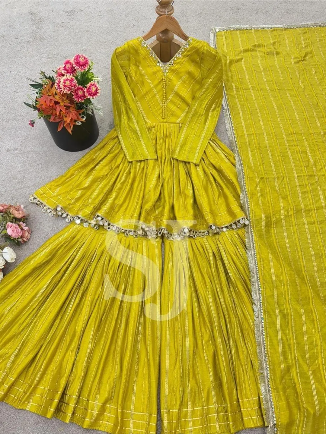 Yellow Wedding Sharara Suit, Pakistani Designer Readymade Salwar Kameez Suit, Women's Wear Palazzo Kurta Set, 3Pc Combo Set, For Festival