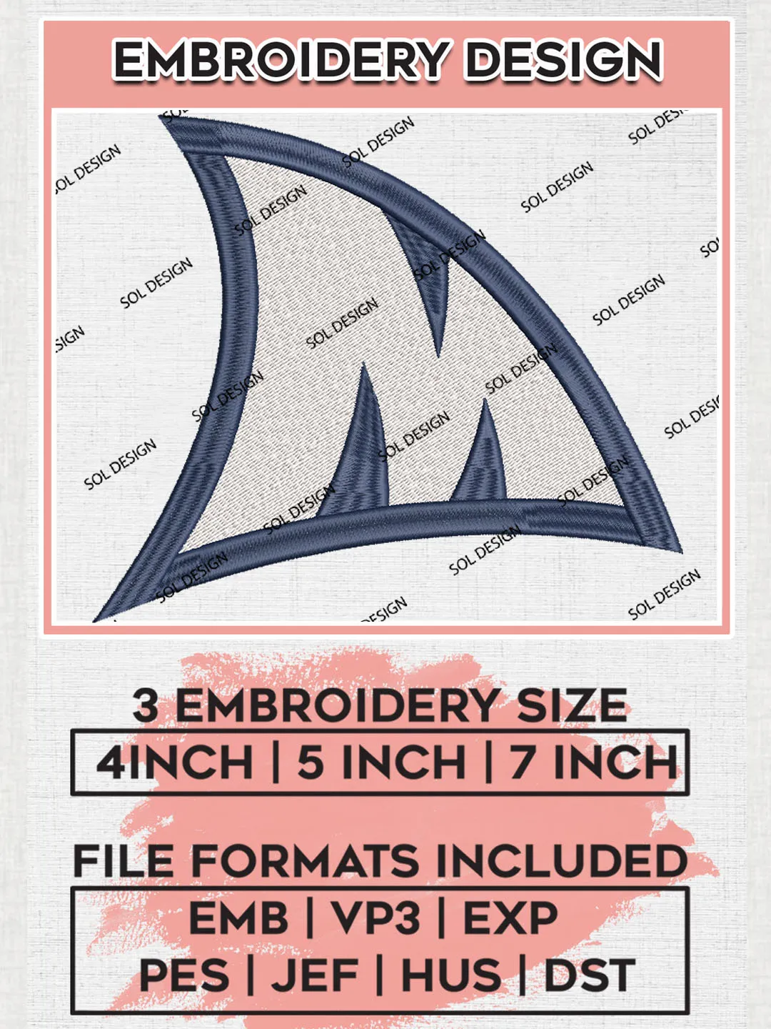 NCAA Ole Miss Rebels Team Fin Shark Mascot Logo Embroidery Design Files, NCAA Ole Miss Rebels Machine Embroidery, NCAA Teams, 3 sizes, NCAA Machine embroidery designs, Digital Download