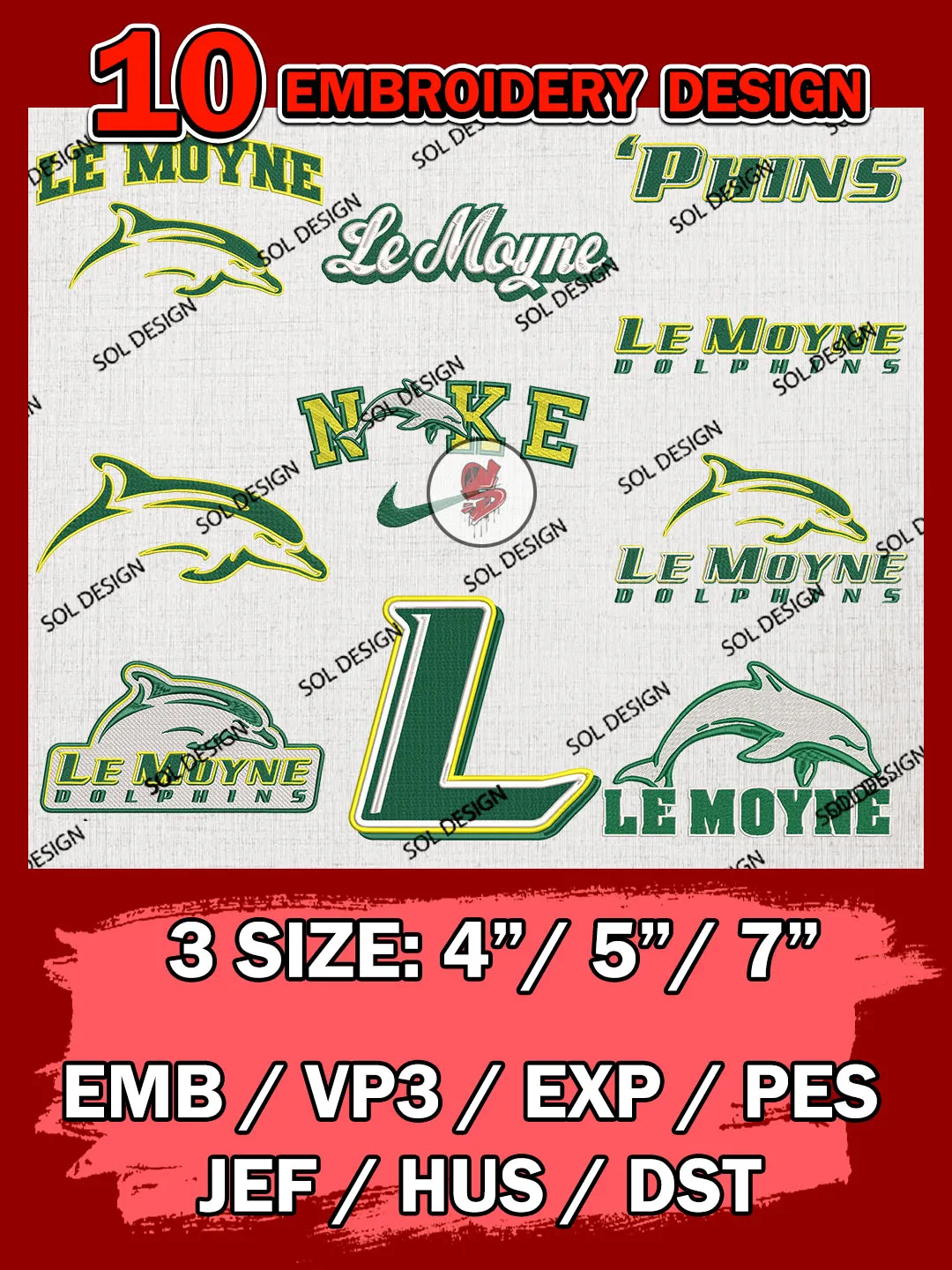 10 NCAA Le Moyne Dolphins Bundle Embroidery Files, NCAA Le Moyne Dolphins Team Bundle Embroidery Designs, NCAA Teams, National College Football Team 3 sizes, NCAA Le Moyne Machine Embroidery, Digital Download