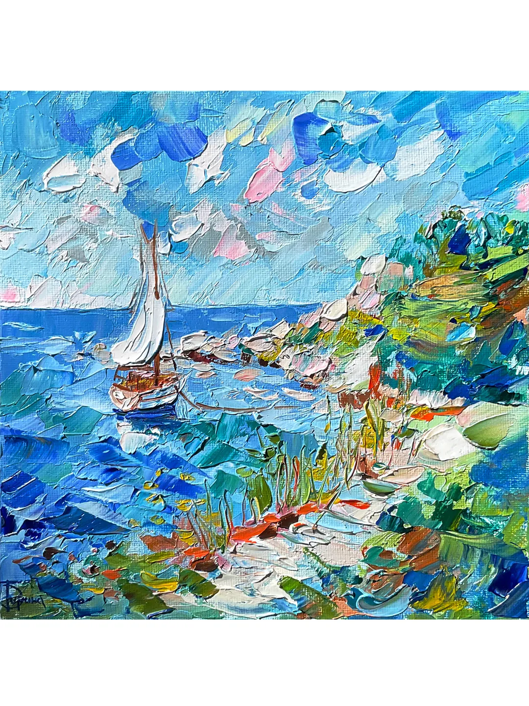 Impasto Oil Painting 8x8 Textured Seascape with Boat – Original