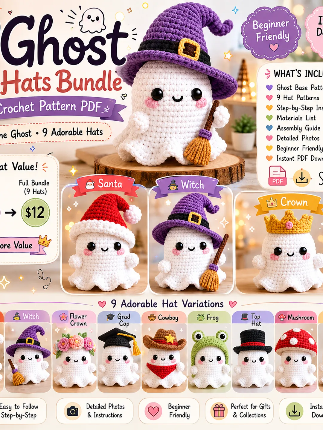 Ghost With 9 Hats Bundle Crochet Pattern PDF