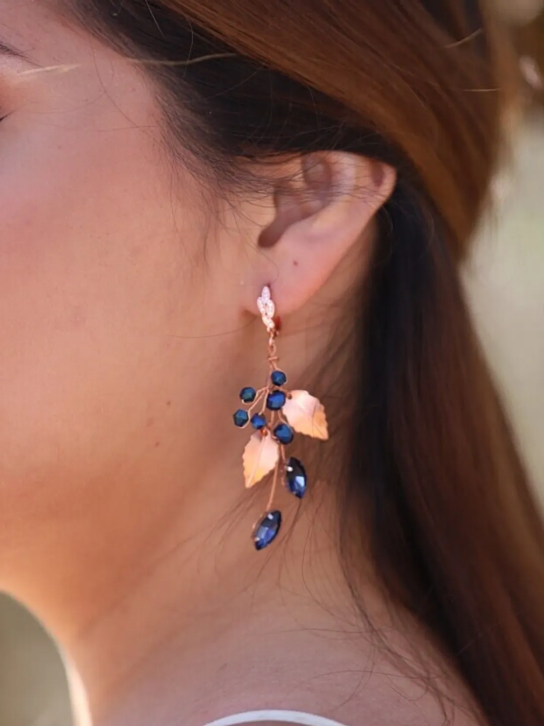 Boho Wedding Earrings, Rose Gold Blue Crystal Wedding Earrings, Leaf Flowers Chandelier Bridal Earrings, Leaf Statement Wedding Jewelry Set