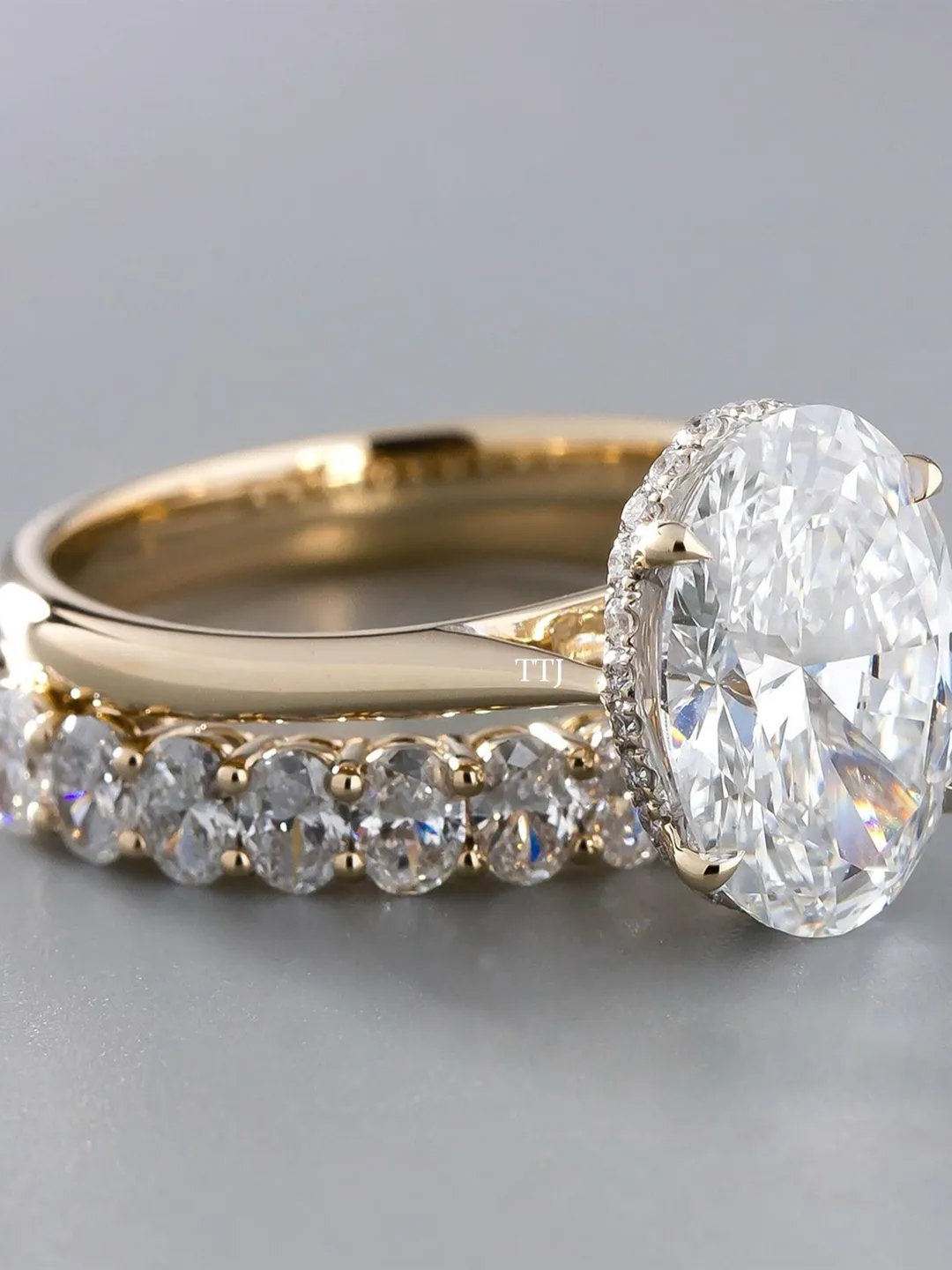 3CT Oval Cut Moissanite Hidden Halo Engagement Ring Set 14K Solid Gold ...