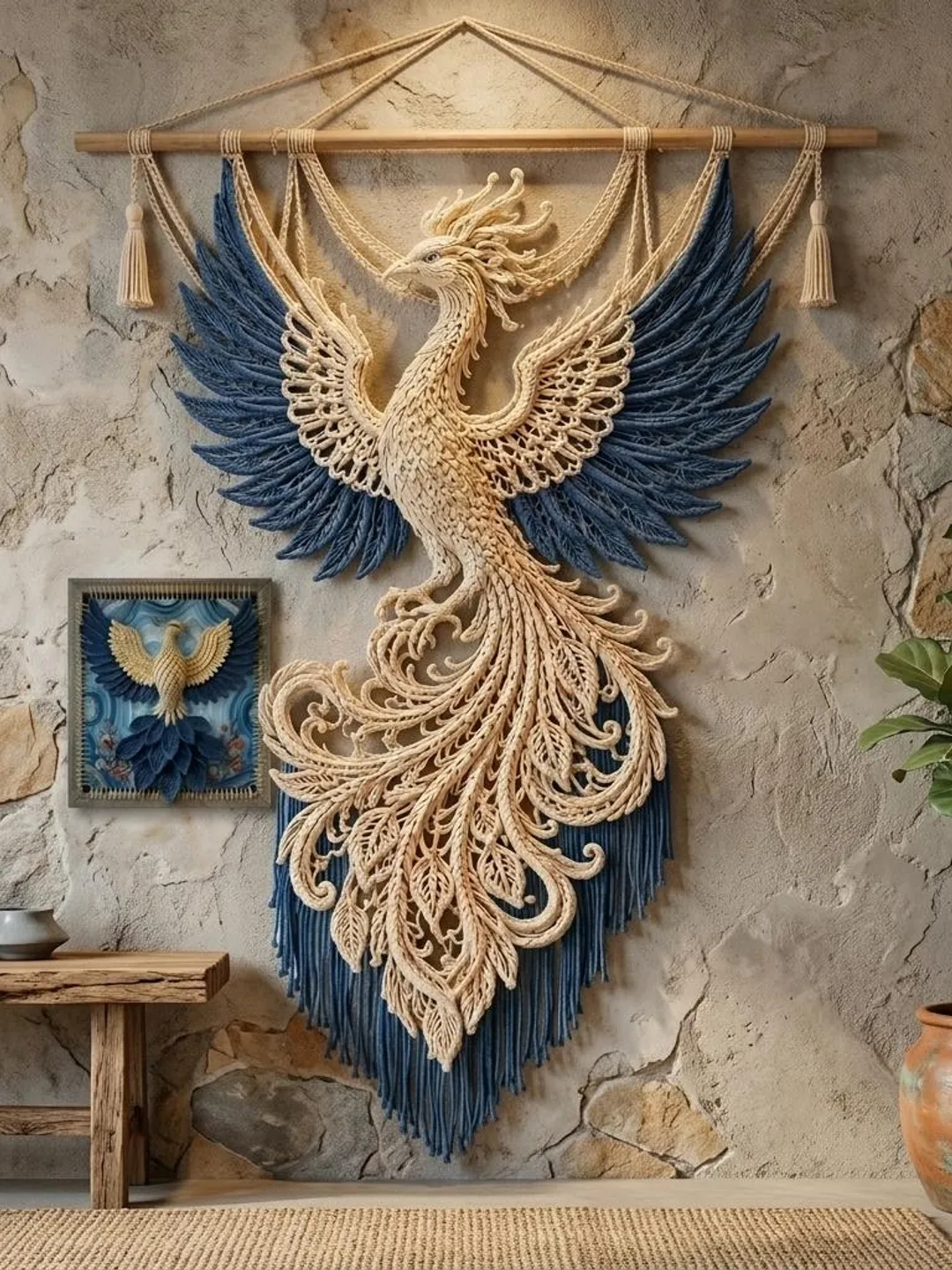 【マミー】バリ島羽根のオブジェとbohoウォールデコ Crochet Phoenix Macrame Wall Hanging Pattern, 3D Mythical Bird