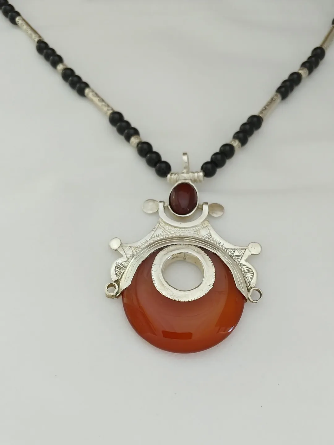 Vintage Tuareg Necklace Agate: Silver Pendant, African Tribal
