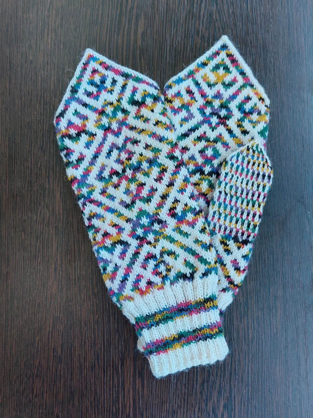Hand-knitted wool mittens are very warm with a pattern multicolored
