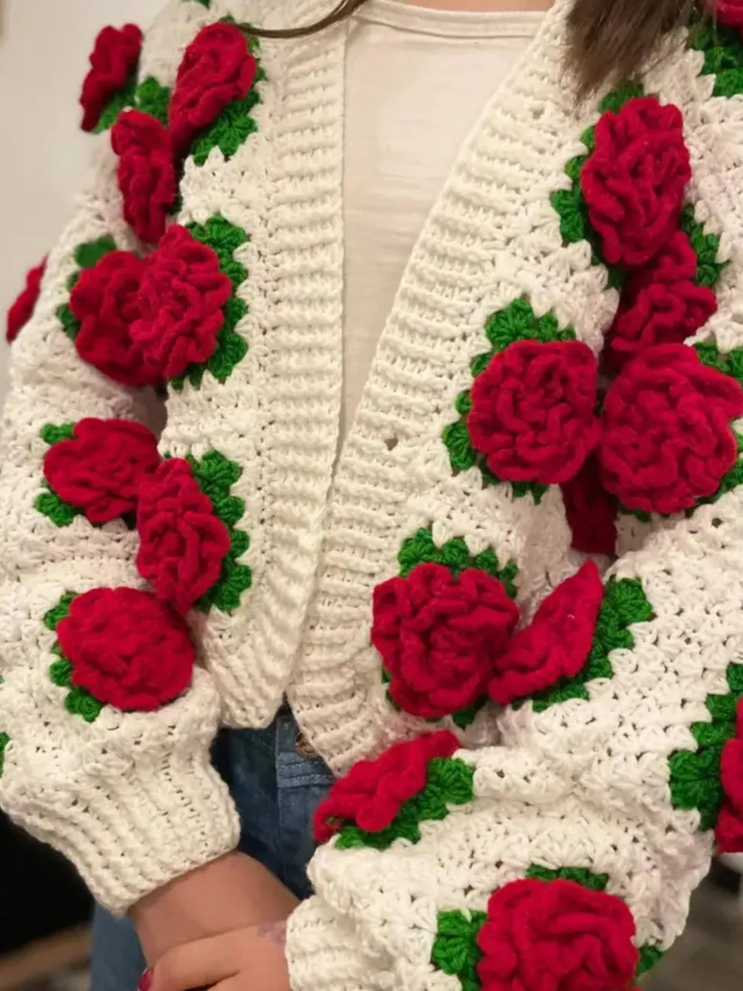 Crochet Rose Cardigan, Handmade Chunky Knit Flower Sweater, Granny