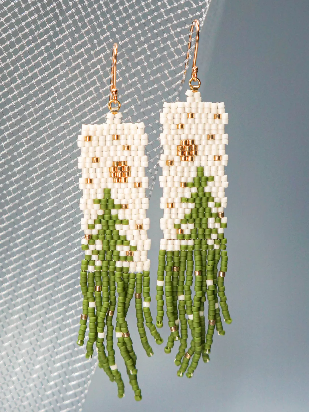 Trees-Patterned green Japanese Bead and sterling Silver Earrings: A Fusion of Elegance and Nature