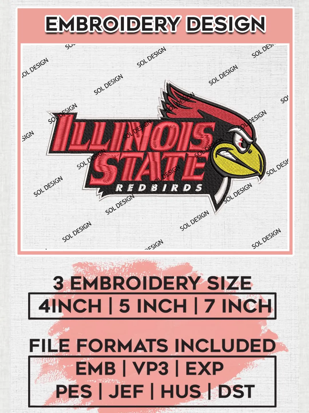 NCAA Illinois State Redbirds Team Logo Machine Embroidery Design, NCAA Illinois State Design Design files, NCAA Team Embroidery Designs, NCAA Machine Embroidery Designs, Digital Download