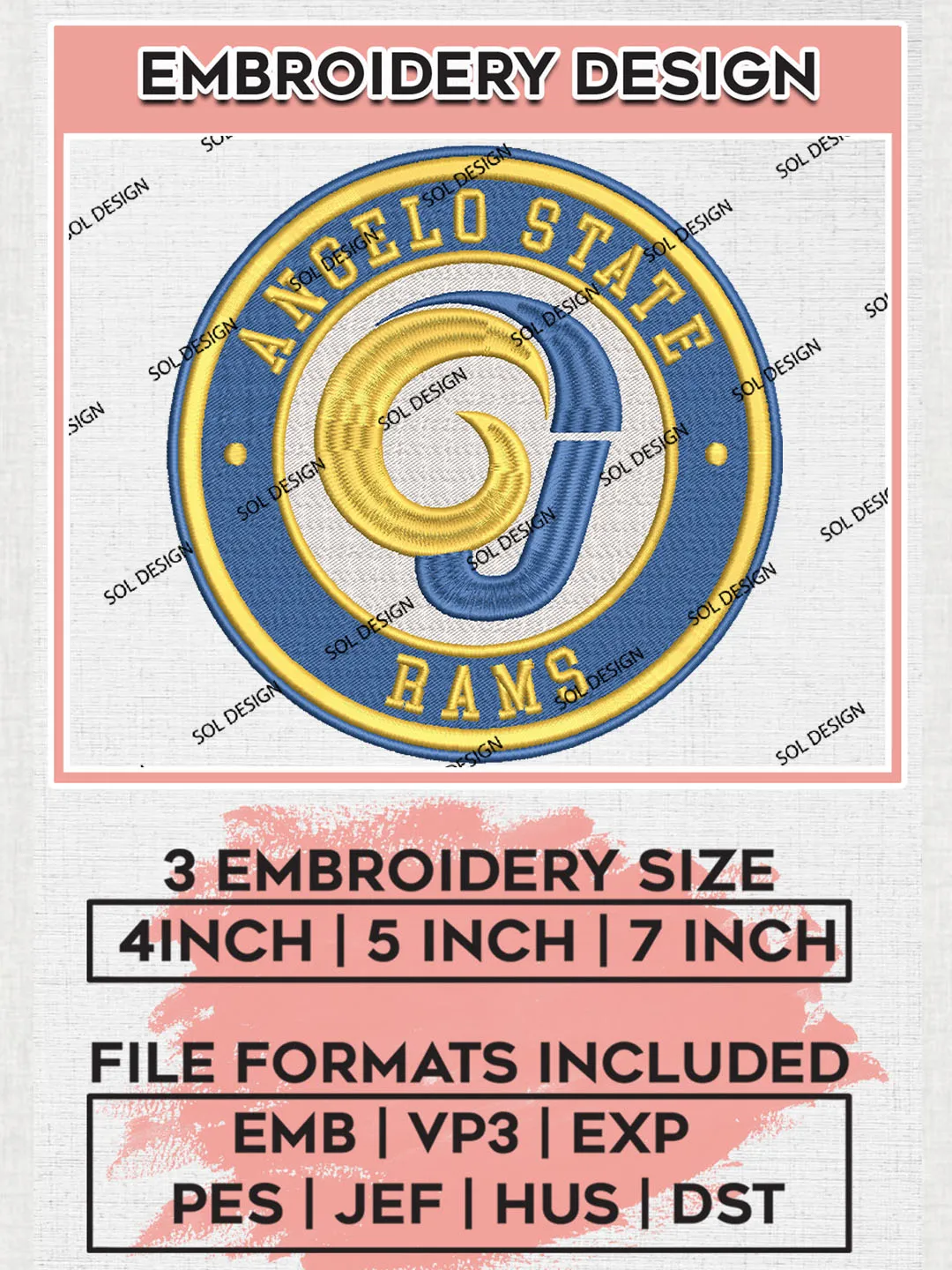 NCAA Angelo State Rams Round Logo Embroidery, NCAA Angelo State Rams Logo Embroidery files, NCAA Teams, Machine embroidery designs, Digital Download