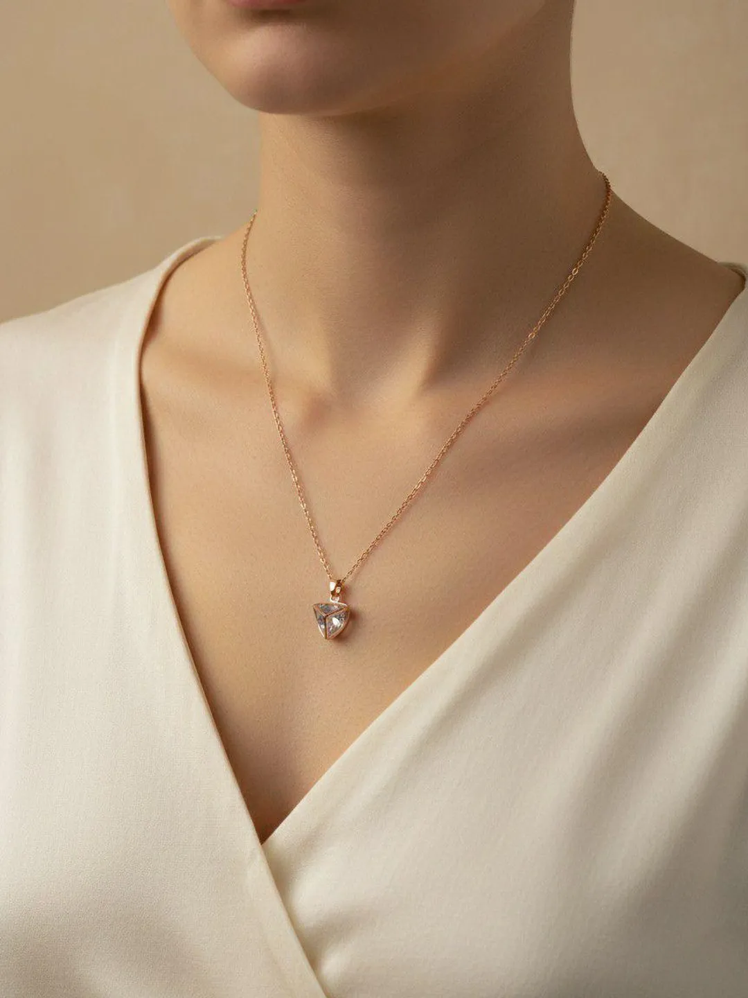 Dainty Rose Gold Crystal Triangle Pendant Necklace -- Geometric Minimalist Jewelry -- Everyday Wear -- Valentines Gift