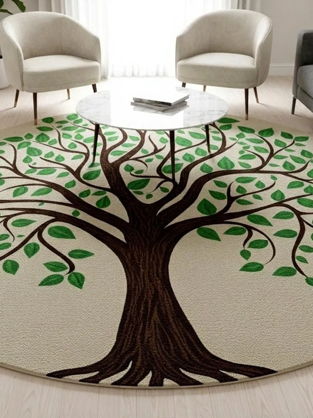Round Tree of Life Rug, Tufted Wool Green Leaf Boho Area Carpet