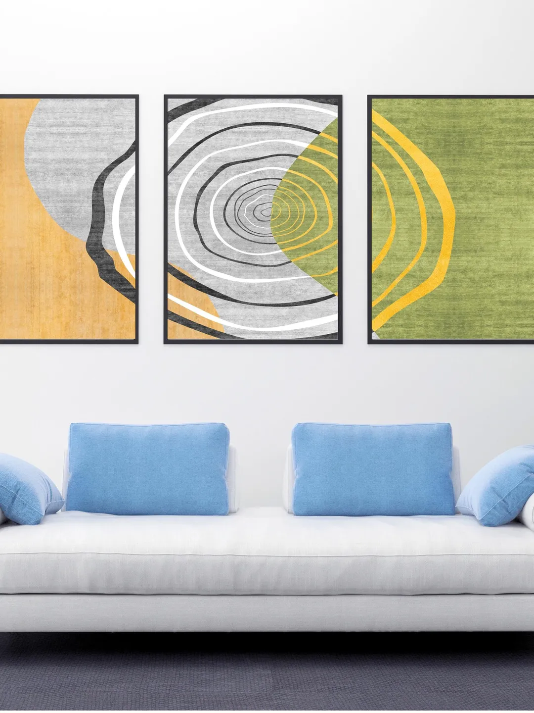 Modern abstract triptych wall art set of 3 , Green yellow grey ...