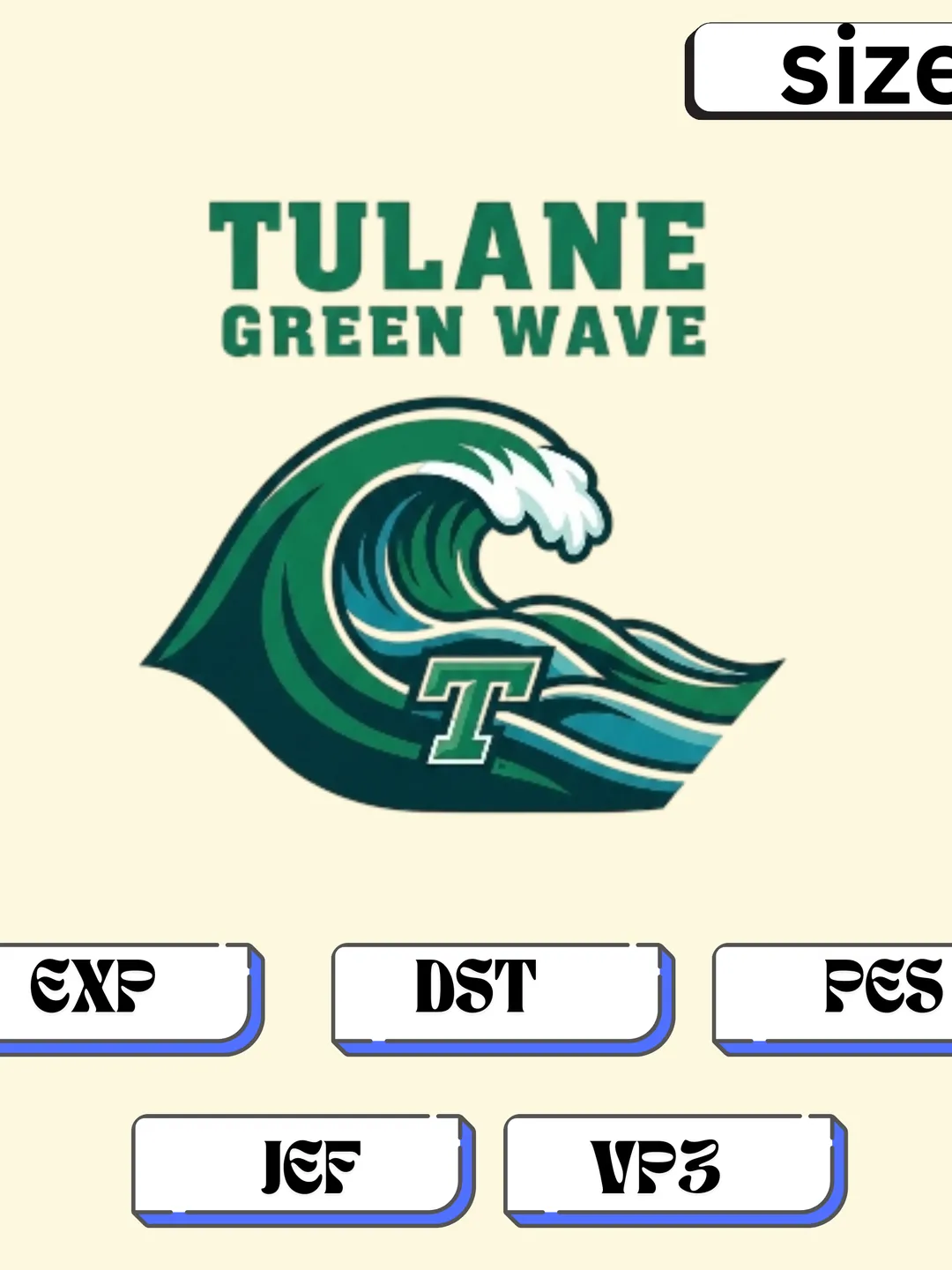 Tulane Green Wave Logo Embroidery Pattern | Multi-Size Machine Digitized File | DST, PES, JEF, EXP, VP3