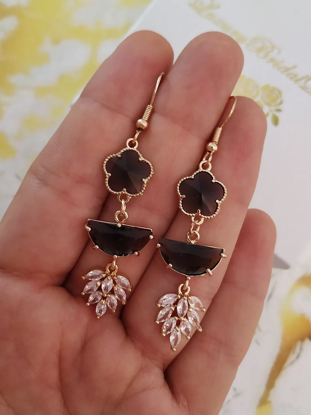 Art Deco Gold Black Wedding Earrings, Boho Bridal Earrings, Swarovski Crystal Chandelier Statement Flower Wedding Earrings, Wedding Jewelry