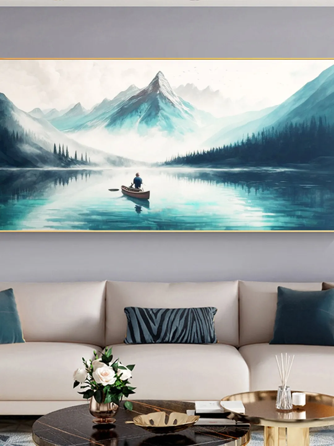 Original Landscape Oil Painting On Canvas, Abstract Snow Mountain Painting, Lake View Art, Boat Painting, Large Wall Art, Living room Decor