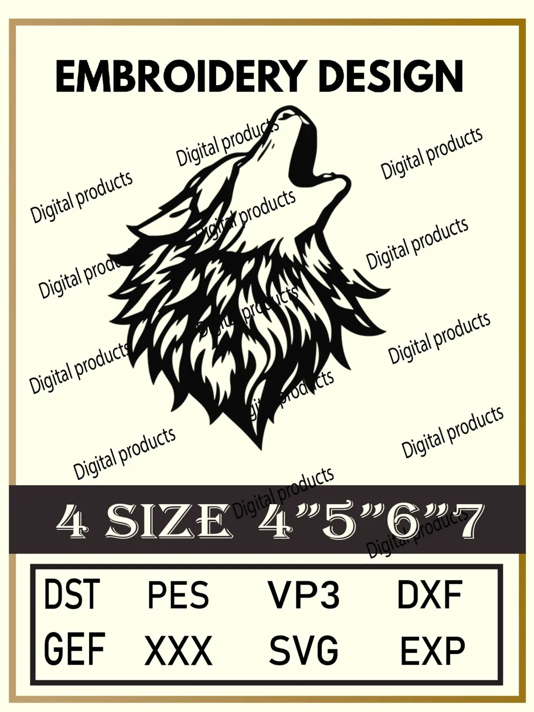 Wolf Head Embroidery Design Digital Pattern with Stylized Black‑White Howling Motif for Machine Embroidery Projects in Four Sizes with Multiple Compatible Formats Including DST, PES, VP3, DXF, GEF, XXX, SVG, EXP Download