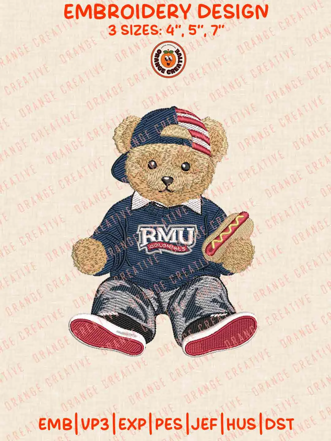 Robert Morris Colonial Bear Hot Dog Embroidery Design Files, Football Embroidery Designs, Sport Machine Embroidery Files, 3 Sizes, Custom Sizes, Instant Download