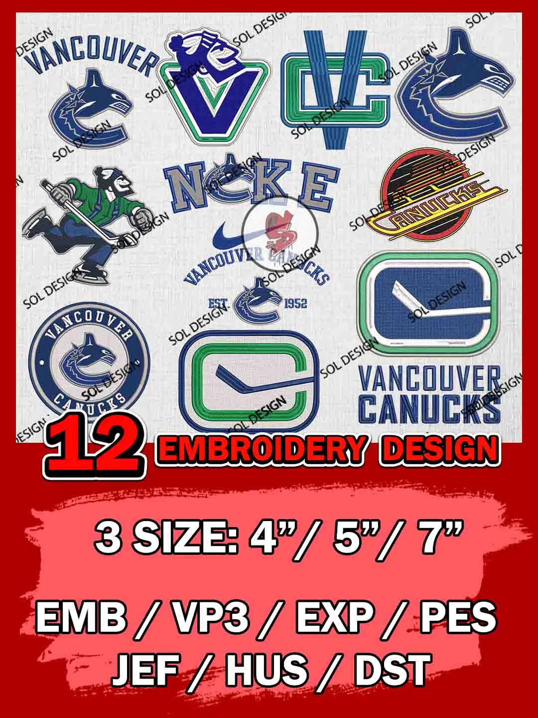 NHL Vancouver Canucks Bundle Embroidery Files, NHL Vancouver Canucks Team Bundle Embroidery Designs, NHL Teams, National Hockey League 3 sizes, NHL Canucks Hockey Machine embroidery designs, Digital Download